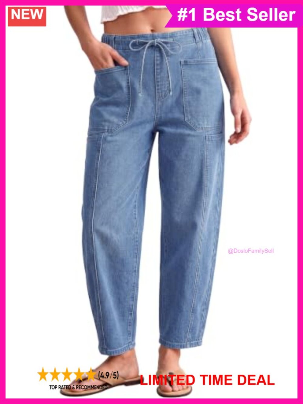 High Waisted Barrel Jeans Cropped Pull On Stretch Denim Baggy Pants
